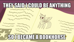 Size: 800x450 | Tagged: safe, twilight sparkle, alicorn, pony, amending fences, g4, book, bookhorse, haycartes' method, image macro, meme, moon dancer's book, paper twilight, that pony sure does love books, they told me, twilight sparkle (alicorn)
