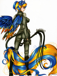 Size: 2491x3300 | Tagged: safe, artist:divinekitten, oc, oc only, oc:chloe, human, cat o' ninetails, eared humanization, high res, humanized, humanized oc, solo, tailed humanization, traditional art, whip, winged humanization