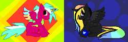 Size: 300x100 | Tagged: safe, artist:sherradestrix, oc, oc only, oc:rancre, oc:sleinkel, alicorn, pony, alicorn oc, looking at you, neon, pixel art, rainbow