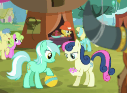 Size: 542x397 | Tagged: safe, screencap, bon bon, cherry berry, daisy, flower wishes, goldengrape, jonagold, lyra heartstrings, marmalade jalapeno popette, prince rutherford, sassaflash, sir colton vines iii, sweetie belle, sweetie drops, earth pony, pegasus, pony, unicorn, yak, g4, party pooped, adorabon, animated, apple family member, best friends, cute, daaaaaaaaaaaw, eyes closed, female, flower, flower in hair, happy, hoof hold, lesbian, lyrabetes, male, open mouth, raised hoof, ship:lyrabon, shipping, smiling, stallion