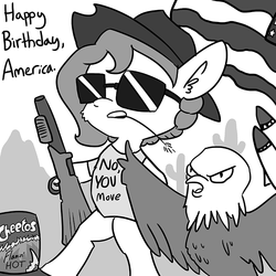 Size: 726x726 | Tagged: safe, artist:tjpones, oc, oc only, oc:brownie bun, eagle, earth pony, pony, horse wife, american independence day, bipedal, cactus, cheetos, clothes, dialogue, ear fluff, female, fuck yeah, grayscale, gun, hat, hoof hold, independence day, mare, missile, monochrome, murica, shirt, shotgun, simple background, straw in mouth, sunglasses, united states, weapon, white background