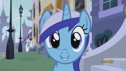 Size: 500x280 | Tagged: safe, screencap, minuette, pony, unicorn, amending fences, g4, season 5, animated, building, canterlot, cute, discovery family logo, eyes closed, female, gif, grin, looking at you, mare, minubetes, outdoors, pov, smiling, solo, streetlight, talking