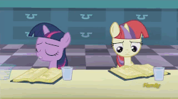Size: 500x280 | Tagged: safe, screencap, lemon hearts, minuette, moondancer, twilight sparkle, twinkleshine, pony, unicorn, amending fences, g4, animated, book, discovery family, discovery family logo, erlenmeyer flask, female, filly, flaskhead hearts, glass, table