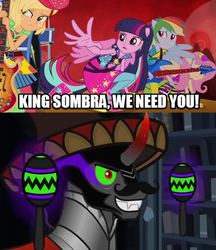 Size: 503x582 | Tagged: safe, artist:oblivionfall, edit, edited screencap, screencap, applejack, fluttershy, king sombra, rainbow dash, twilight sparkle, equestria girls, g4, my little pony equestria girls: rainbow rocks, alternate scenario, bass guitar, doctor sombrero, electric guitar, good end, guitar, king sombrero, maracas, meme, moustache, musical instrument, ponied up, smiling, sombrero, twilight sparkle (alicorn)