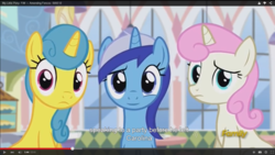 Size: 1366x768 | Tagged: safe, screencap, lemon hearts, minuette, twinkleshine, pony, unicorn, amending fences, g4, discovery family logo, meme, youtube, youtube caption