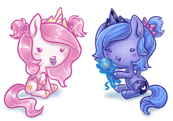 Size: 1221x850 | Tagged: safe, artist:mcponyponypony, princess celestia, princess luna, pony, ursa minor, g4, baby, baby celestia, baby luna, baby pony, cewestia, cute, doll, filly, pacifier, royal sisters, sweet dreams fuel, woona