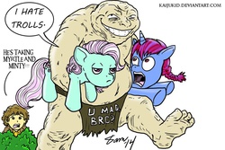 Size: 800x533 | Tagged: safe, artist:kaijukid, minty, earth pony, pony, troll (fantasy), unicorn, g3, bilbo baggins, female, hobbit, loincloth, mare, mrytle, pun, the hobbit, troll, trollface