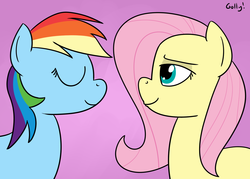 Size: 1210x865 | Tagged: safe, artist:rapidstrike, fluttershy, rainbow dash, g4, bedroom eyes, eyes closed, female, imminent kissing, lesbian, ship:flutterdash, shipping