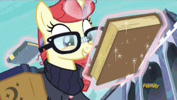 Size: 500x281 | Tagged: safe, screencap, moondancer, amending fences, g4, season 5, animated, book, book trail, broken glasses, discovery family, discovery family logo, female, glasses, grin, james woods trap, magic, seems legit, solo, that pony sure does love books