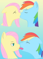 Size: 4637x6288 | Tagged: artist needed, source needed, safe, fluttershy, rainbow dash, pegasus, pony, g4, absurd resolution, biting, comic, denied, duo, eyes closed, female, floppy ears, fluttershy is not amused, frown, kiss on the lips, kissing, lesbian, mare, moment killer, open mouth, ship:flutterdash, shipping, simple background, smiling, tongue out, unamused