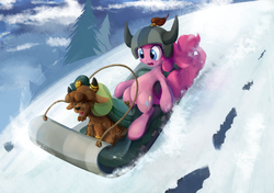 Size: 1706x1200 | Tagged: safe, artist:scootiebloom, pinkie pie, yona's sister, yuffie, earth pony, pony, yak, g4, party pooped, belly button, calf, female, helmet, horn, horn ring, horned helmet, mare, scene interpretation, sled, sledding, snow, viking helmet, yak calf, young
