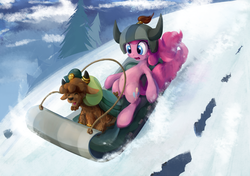 Size: 1706x1200 | Tagged: safe, artist:scootiebloom, pinkie pie, yuffie, earth pony, pony, yak, g4, party pooped, belly button, calf, female, helmet, horn, horn ring, horned helmet, mare, scene interpretation, sled, sledding, snow, viking helmet, yak calf, young