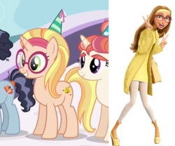 Size: 921x766 | Tagged: safe, screencap, booksmart, honey lemon, moondancer's sister, morning roast, human, pony, unicorn, amending fences, g4, season 5, big hero 6, bookseller, comparison, disney, hat, honey lemon (big hero 6), looking at you, namesake, open mouth, party hat, peace sign, ponysona, pun, smiling, visual pun