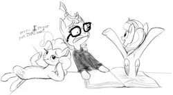 Size: 1504x832 | Tagged: safe, artist:snapai, moondancer, pinkie pie, twilight sparkle, alicorn, pony, amending fences, g4, bedroom eyes, book, bookhorse, clothes, female, fourth wall, glasses, gritted teeth, mare, monochrome, on back, open mouth, shocked, smiling, smug, sweater, twilight sparkle (alicorn), wide eyes