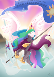 Size: 2480x3508 | Tagged: safe, artist:lunarcakez, princess celestia, g4, banner, cloak, clothes, female, flag, glowing eyes, high res, palindrome get, raised hoof, snow, solo, spread wings