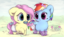 Size: 4020x2358 | Tagged: safe, artist:sverre93, fluttershy, rainbow dash, pony, g4, baby, baby dash, baby pony, babyshy, bow, clothes, cute, daaaaaaaaaaaw, dashabetes, diaper, fluffy, foal, pacifier, shyabetes, socks, sverre is trying to murder us, sweet dreams fuel, tail bow, weapons-grade cute, younger