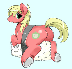 Size: 900x866 | Tagged: safe, artist:shepherd0821, big macintosh, earth pony, pony, g4, basashi, big backintosh, blue background, butt, food, looking back, male, meat, open mouth, plot, ponies in food, ponies in sushi, prone, simple background, solo, stallion, sushi, sweatdrop, underhoof
