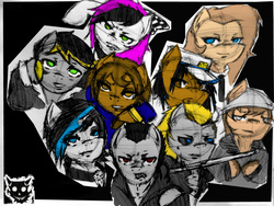 Size: 1280x960 | Tagged: safe, artist:exile, oc, oc only, oc:aero, oc:backy, oc:cecy, oc:clarence, oc:cynthia, oc:glenn, oc:jeka, oc:stephen, oc:wooden bits, demon pony, vampony, brothers, group, offspring, parent:derpy hooves, parent:oc:warden, parents:canon x oc, parents:warderp, ponysona