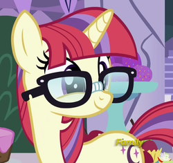 Size: 736x696 | Tagged: safe, screencap, moondancer, pony, amending fences, g4, my little pony: friendship is magic, season 5, broken glasses, cute, dancerbetes, discovery family, discovery family logo, female, glasses, logo, solo