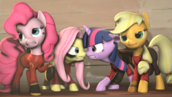 Size: 1600x900 | Tagged: safe, artist:askpinkiepyro, artist:hellhounds04, applejack, fluttershy, pinkie pie, twilight sparkle, earth pony, pegasus, pony, unicorn, g4, 3d, crossover, engiejack, engineer, engineer (tf2), fluttersoldier, gritted teeth, nose to nose, pinkie pyro, pyro (tf2), sniper, sniper (tf2), soldier, soldier (tf2), source filmmaker, team fortress 2, teeth, twilight sniper