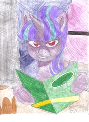 Size: 1275x1755 | Tagged: safe, artist:semijuggalo, starlight glimmer, pony, unicorn, amending fences, g4, death note, female, just as planned, light yagami, menu, parody, red eyes, solo, starlight stalker, starlight yagami, traditional art