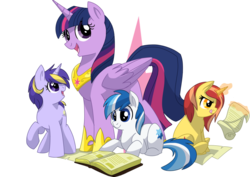 Size: 1024x724 | Tagged: dead source, safe, artist:itstaylor-made, twilight sparkle, oc, oc:inkwell, oc:moonlily, oc:star serenity, alicorn, earth pony, pony, unicorn, g4, book, female, foal, magic, mare, scroll, story included, twilight sparkle (alicorn)