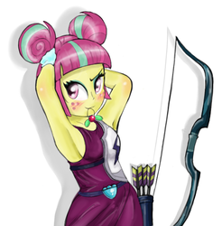 Size: 632x642 | Tagged: safe, artist:fromamida, sour sweet, equestria girls, g4, my little pony equestria girls: friendship games, arm behind head, armpits, arrow, blushing, bow (weapon), bow and arrow, clothes, crystal prep academy, crystal prep shadowbolts, female, freckles, smiling, solo, weapon
