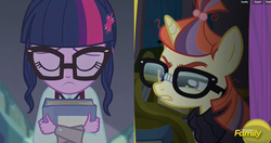 Size: 1238x654 | Tagged: dead source, safe, screencap, moondancer, sci-twi, twilight sparkle, amending fences, equestria girls, g4, my little pony equestria girls: friendship games, comparison, discovery family logo