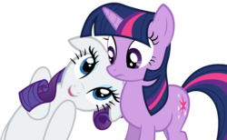 Size: 2299x1420 | Tagged: safe, artist:spellboundcanvas, rarity, twilight sparkle, g4, the ticket master, imma snuggle you, simple background, snuggles?, transparent background