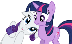 Size: 2299x1420 | Tagged: safe, artist:spellboundcanvas, rarity, twilight sparkle, pony, unicorn, g4, the ticket master, duo, horn, imma snuggle you, simple background, snuggles?, transparent background