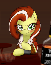 Size: 4977x6360 | Tagged: safe, artist:jetwave, oc, oc only, oc:bluster, pony, fallout equestria, absurd resolution, alcohol, blushing, bomber jacket, clothes, cute, glass, looking at you, pipbuck, solo, table, whiskey, wild pegasus