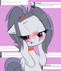 Size: 1200x1387 | Tagged: safe, artist:arkiiwarki, rumble, oc, ask trap-rumble, g4, alternate hairstyle, ask, blushing, choker, cute, dialogue, eyelashes, foal, male, solo, trap, tumblr