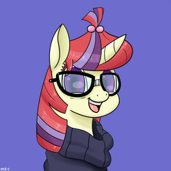 Size: 800x800 | Tagged: safe, artist:sonikku001, moondancer, pony, unicorn, amending fences, g4, bust, female, glasses, open mouth, open smile, purple background, simple background, smiling, solo