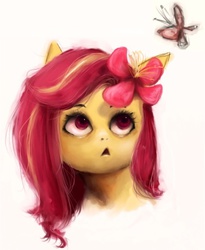 Size: 500x611 | Tagged: safe, artist:butterscotch-angel, oc, oc only, oc:hawaiian breeze, butterfly, flower, flower in hair, looking at something, looking up, portrait, simple background, white background