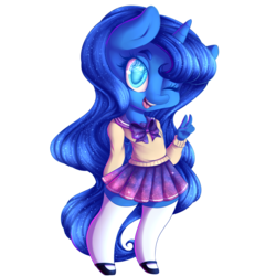 Size: 1400x1400 | Tagged: safe, artist:zodiacnicola, princess luna, anthro, g4, chibi, clothes, female, peace sign, school uniform, simple background, skirt, socks, solo, thigh highs, transparent background, wink