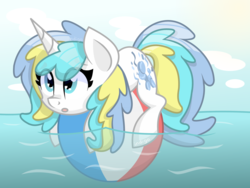 Size: 1960x1470 | Tagged: safe, artist:partypievt, oc, oc only, oc:wingding, pony, unicorn, beach, beach ball, floating, solo, water