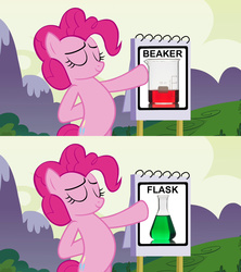 Size: 1280x1440 | Tagged: safe, edit, edited screencap, screencap, pinkie pie, earth pony, pony, amending fences, g4, too many pinkie pies, beaker, bipedal, erlenmeyer flask, female, flask, flipchart, mare, meme, pinkie's educational comparison aid, solo