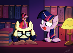 Size: 2202x1606 | Tagged: safe, artist:therandomjoyrider, moondancer, twilight sparkle, alicorn, pony, amending fences, g4, book, broken glasses, duo, female, glasses, library, mare, twilight sparkle (alicorn)