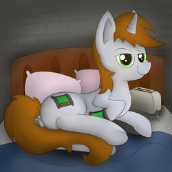 Size: 1280x1280 | Tagged: safe, artist:flufgun, oc, oc only, oc:littlepip, pony, unicorn, fallout equestria, bed, butt, fanfic, fanfic art, female, horn, mare, pipbuck, plot, smug, solo, toaster repair pony