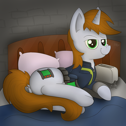 Size: 1280x1280 | Tagged: safe, artist:flufgun, oc, oc only, oc:littlepip, pony, unicorn, fallout equestria, bed, butt, clothes, fanfic, fanfic art, female, horn, jumpsuit, mare, pipbuck, plot, solo, toaster repair pony, vault suit