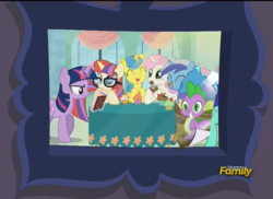 Size: 791x577 | Tagged: safe, edit, edited screencap, screencap, lemon hearts, lyra heartstrings, minuette, moondancer, spike, twilight sparkle, twinkleshine, amending fences, dragon quest, g4, book, canterlot six, photo, picture frame, the saddest picture in equestria