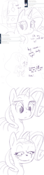 Size: 1200x4800 | Tagged: safe, artist:arkiiwarki, rarity, rumble, ask trap-rumble, g4, ask, colt, comic, creepy smile, faic, monochrome, rapeface, sketch, smiling, tumblr, wrinkles