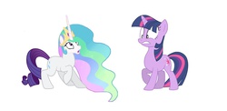 Size: 1280x624 | Tagged: dead source, safe, artist:cakeslover, princess celestia, rarity, twilight sparkle, pony, unicorn, g4, body swap, crown, duo, duo female, ethereal mane, female, fusion, fusion:princess celestia, fusion:rarilestia, fusion:rarity, head swap, jewelry, race swap, regalia, shocked, shocked expression, simple background, unicorn celestia, vector, what has magic done, what has science done, white background