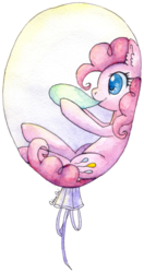 Size: 649x1232 | Tagged: safe, artist:0okami-0ni, pinkie pie, earth pony, pony, g4, balloon, blowing up balloons, ear fluff, female, mare, pinkie pie trapped in a balloon, smiling, solo, traditional art, watercolor painting