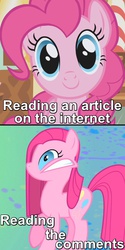 Size: 500x1000 | Tagged: safe, screencap, pinkie pie, g4, party of one, c:, caption, cute, disturbed, faic, female, freakout, frown, gritted teeth, image macro, internet, looking at you, meme, raised hoof, smiling, solo, truth, wide eyes