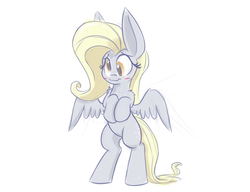 Size: 1280x985 | Tagged: safe, artist:heir-of-rick, derpy hooves, pony, g4, alternate hairstyle, bipedal, blushing, impossibly large ears, simple background, white background