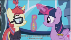 Size: 1284x717 | Tagged: safe, screencap, moondancer, twilight sparkle, alicorn, pony, amending fences, g4, female, mare, meme, twilight sparkle (alicorn), twilight's canterlot home, youtube caption