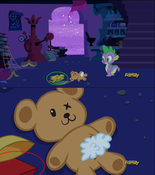 Size: 848x960 | Tagged: safe, edit, edited screencap, screencap, spike, dragon, amending fences, g4, my little pony: friendship is magic, animation error, circled, color error, garyfier, library, male, night, present, solo, teddy bear, twilight's canterlot home