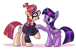 Size: 2062x1345 | Tagged: safe, artist:gsphere, moondancer, twilight sparkle, alicorn, pony, unicorn, amending fences, g4, clothes, eyes closed, female, glasses, lesbian, mare, open mouth, ship:twidancer, shipping, tongue out, twilight sparkle (alicorn)