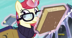 Size: 1366x726 | Tagged: safe, screencap, moondancer, pony, amending fences, g4, book, clothes, cute, glasses, happy pony, smiling, sweater, when she smiles